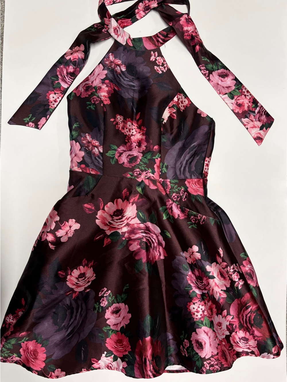Sequin Hearts One-Shoulder Floral Fit & Flare Dress in Burgundy and Pink